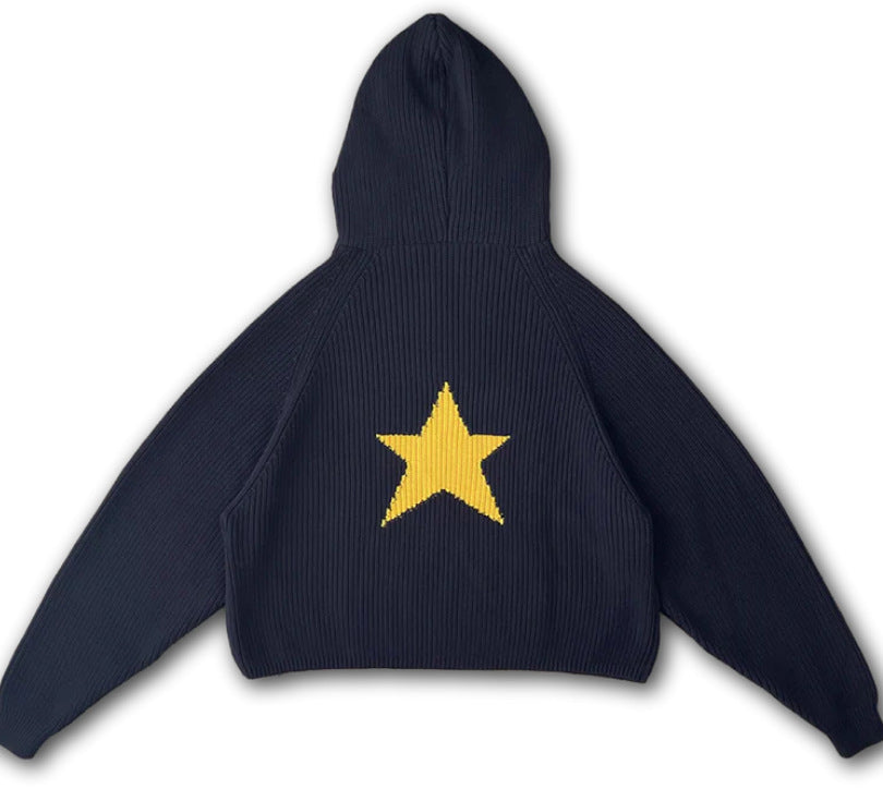 Female Star Sunken Stripe Men's Knitted Hooded Sweater