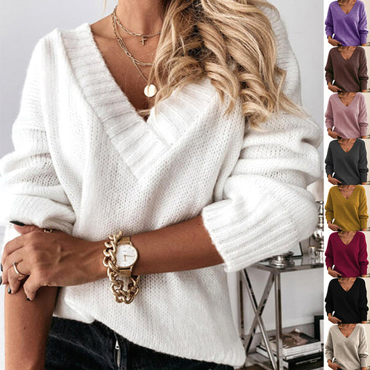 Solid V-neck Sweater Fashion Loose Long-sleeved Knitted