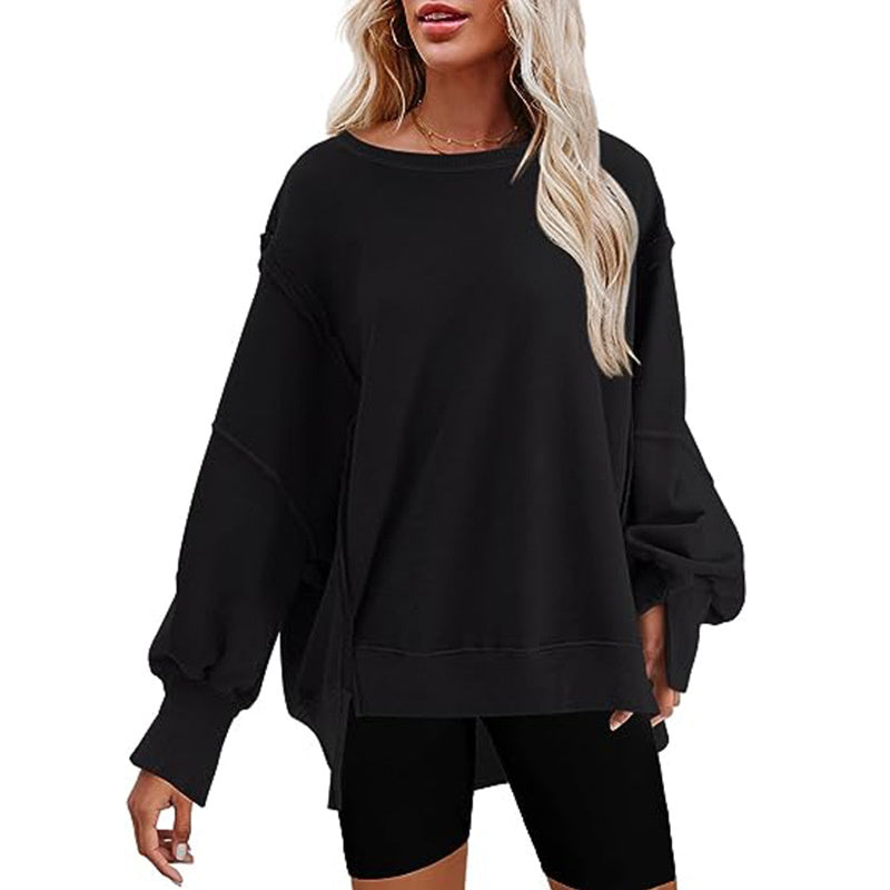 Pullover Sweatshirt Loose Round Neck Side Slit Long Sleeve