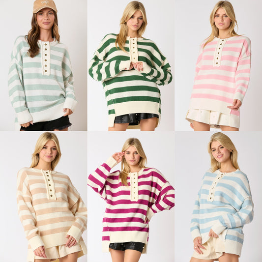 Loose Multicolor Knitted Sweater Long Sleeve Top