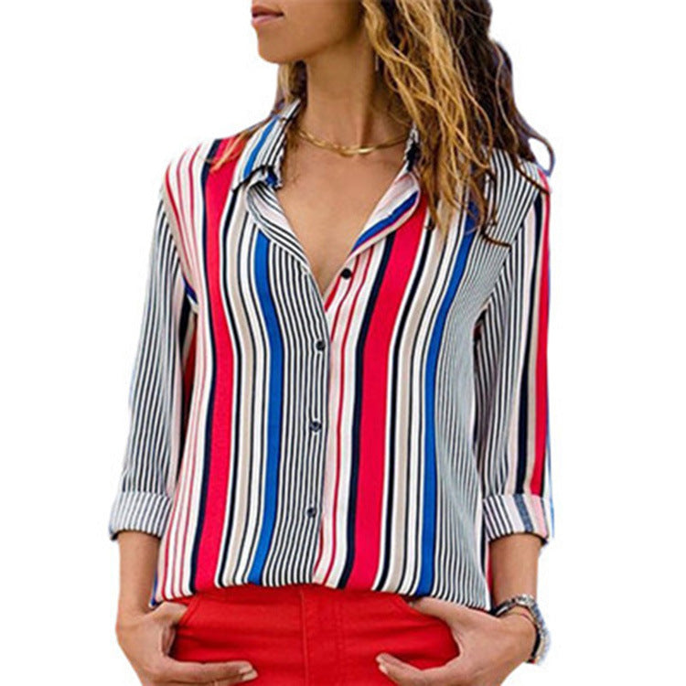 Striped Casual V-Neck Long Sleeve Chiffon Blouse Blouse