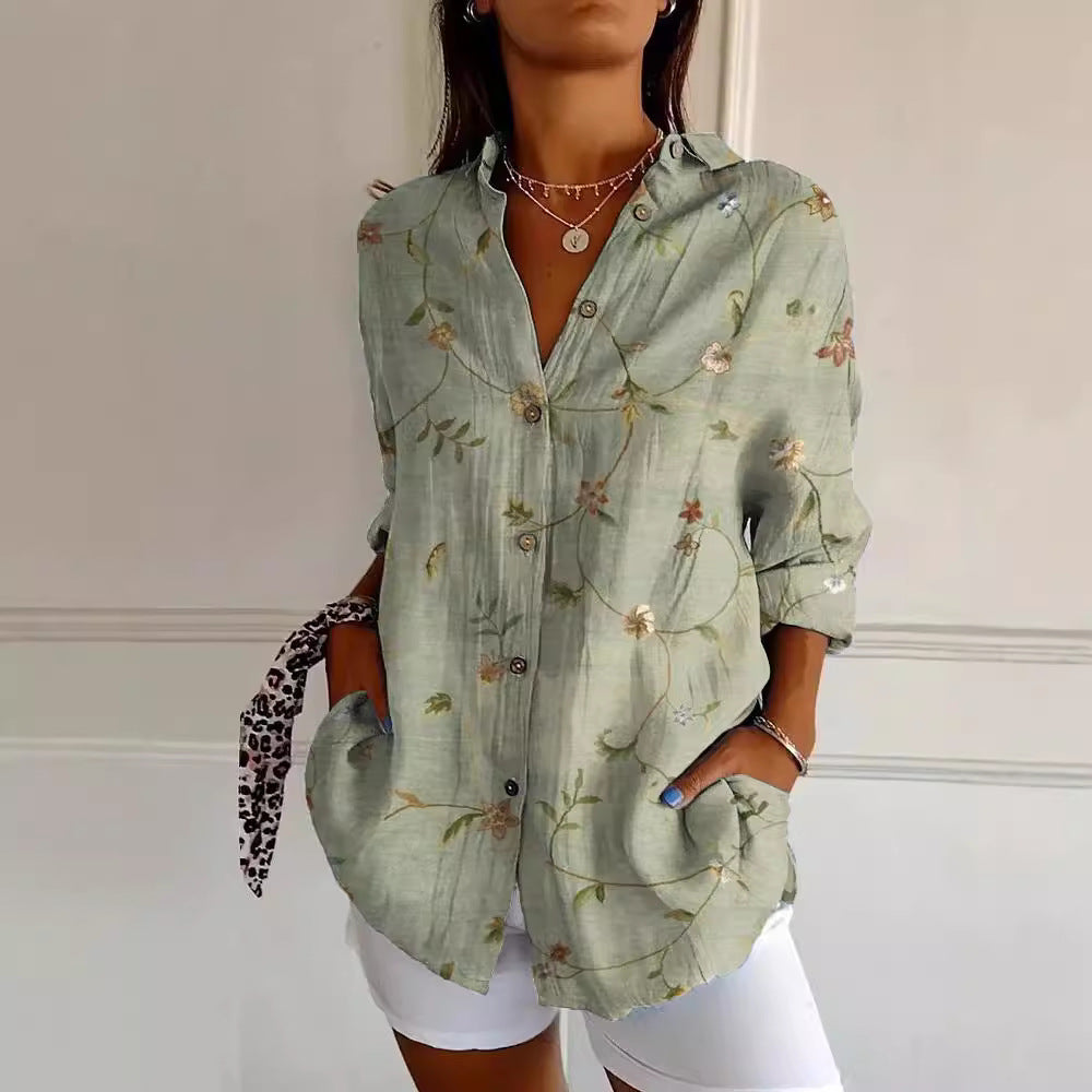 Flowers Print Long Sleeve Shirt Fashion Stand Collar