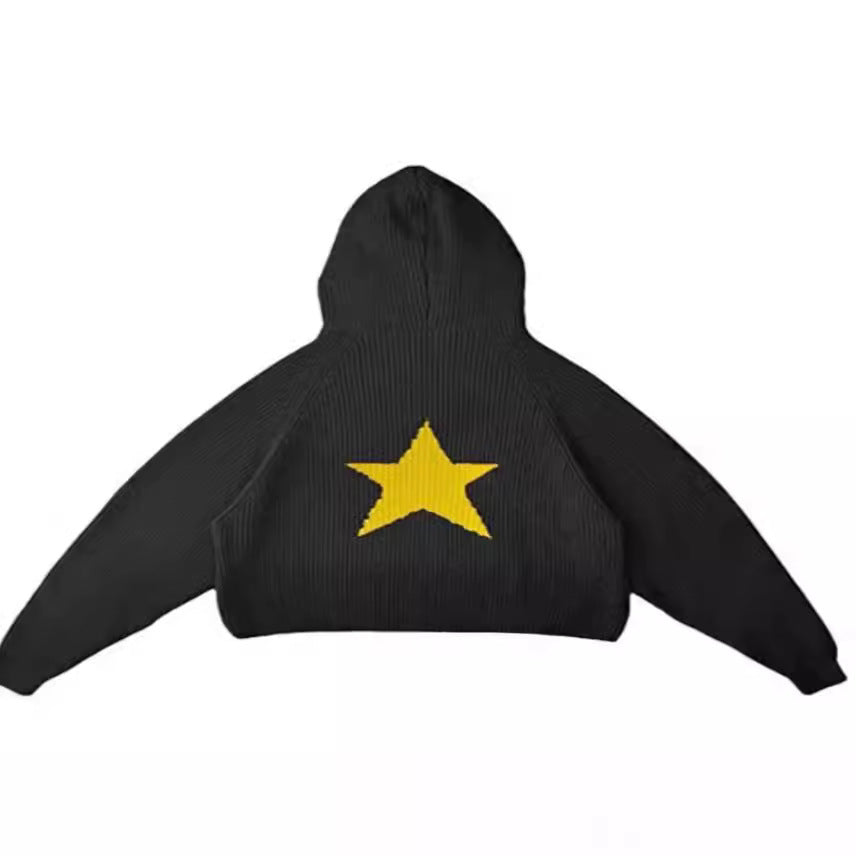Female Star Sunken Stripe Men's Knitted Hooded Sweater