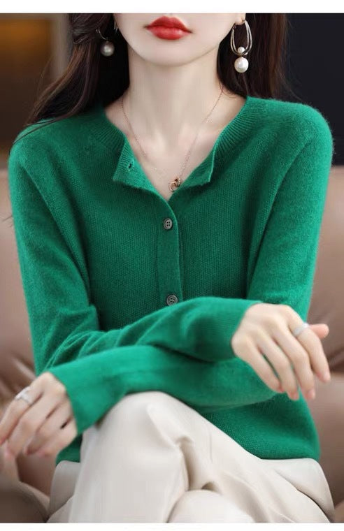 Fashion Merino Wool Cardigan Sweater Women O-Neck
