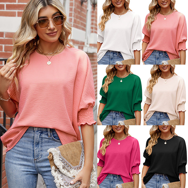 Women's Loose T-shirt With Elastic Sleeves Outfit Fashion