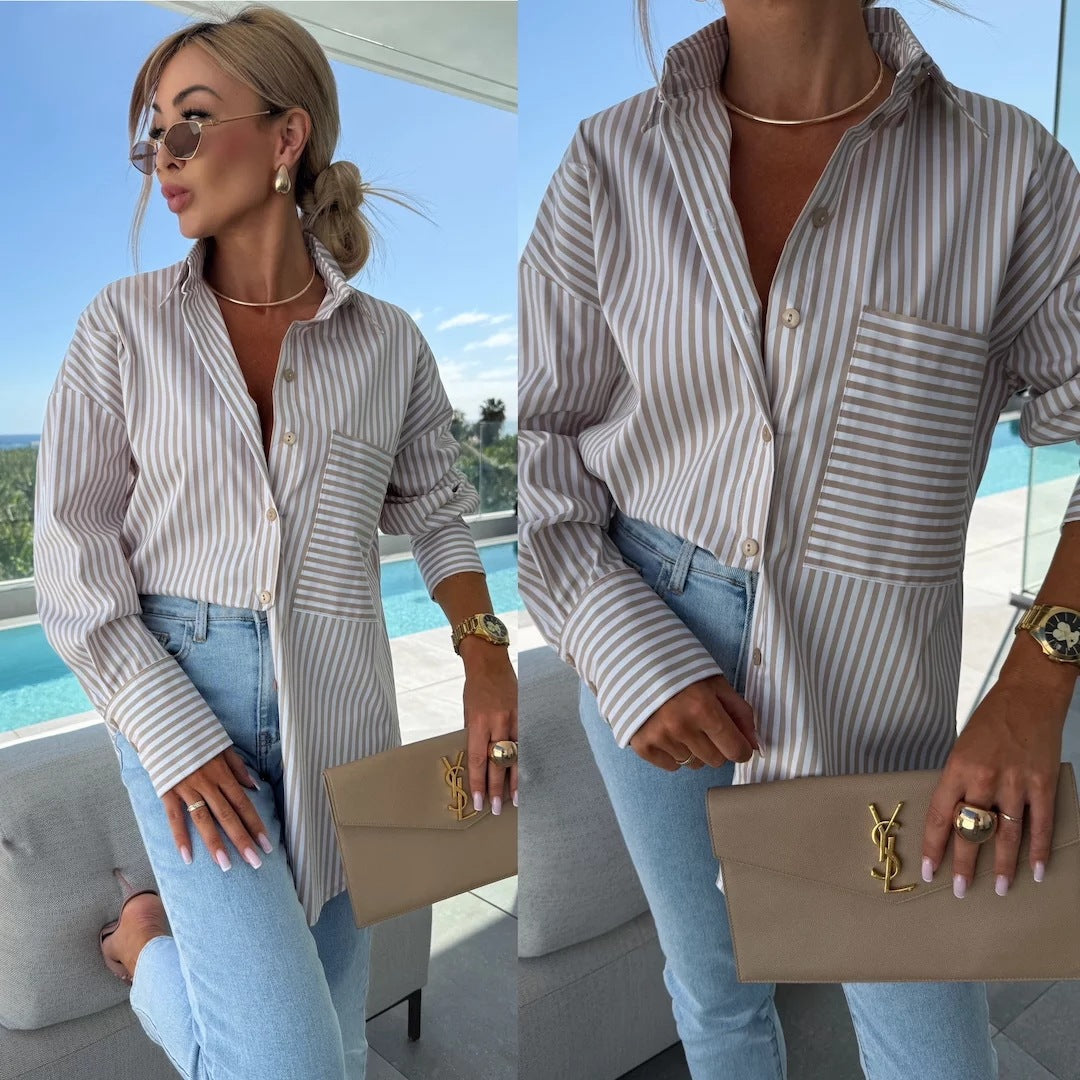 Spring Summer Long Sleeve Lapel Shirt Striped Print Lapel Shirt