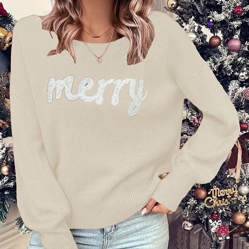 Knitted Women Crew Neck Sweater Loose Pullover