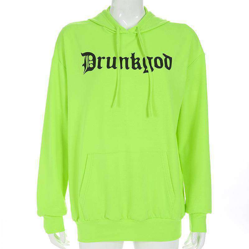 Autumn hedging print street hipster hooded green round neck