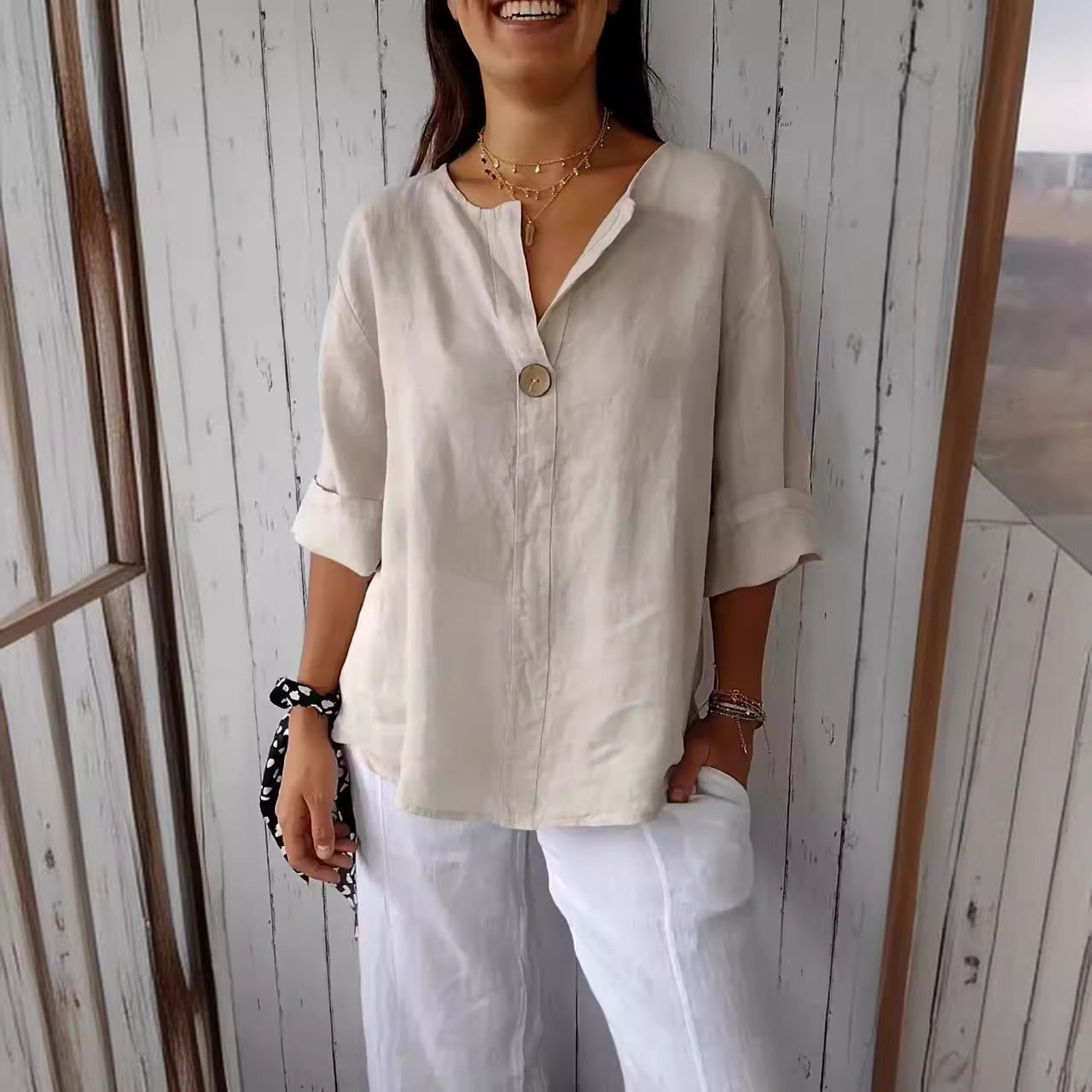 V-neck Long-sleeved T-shirt Fashion Loose Cotton And Linen