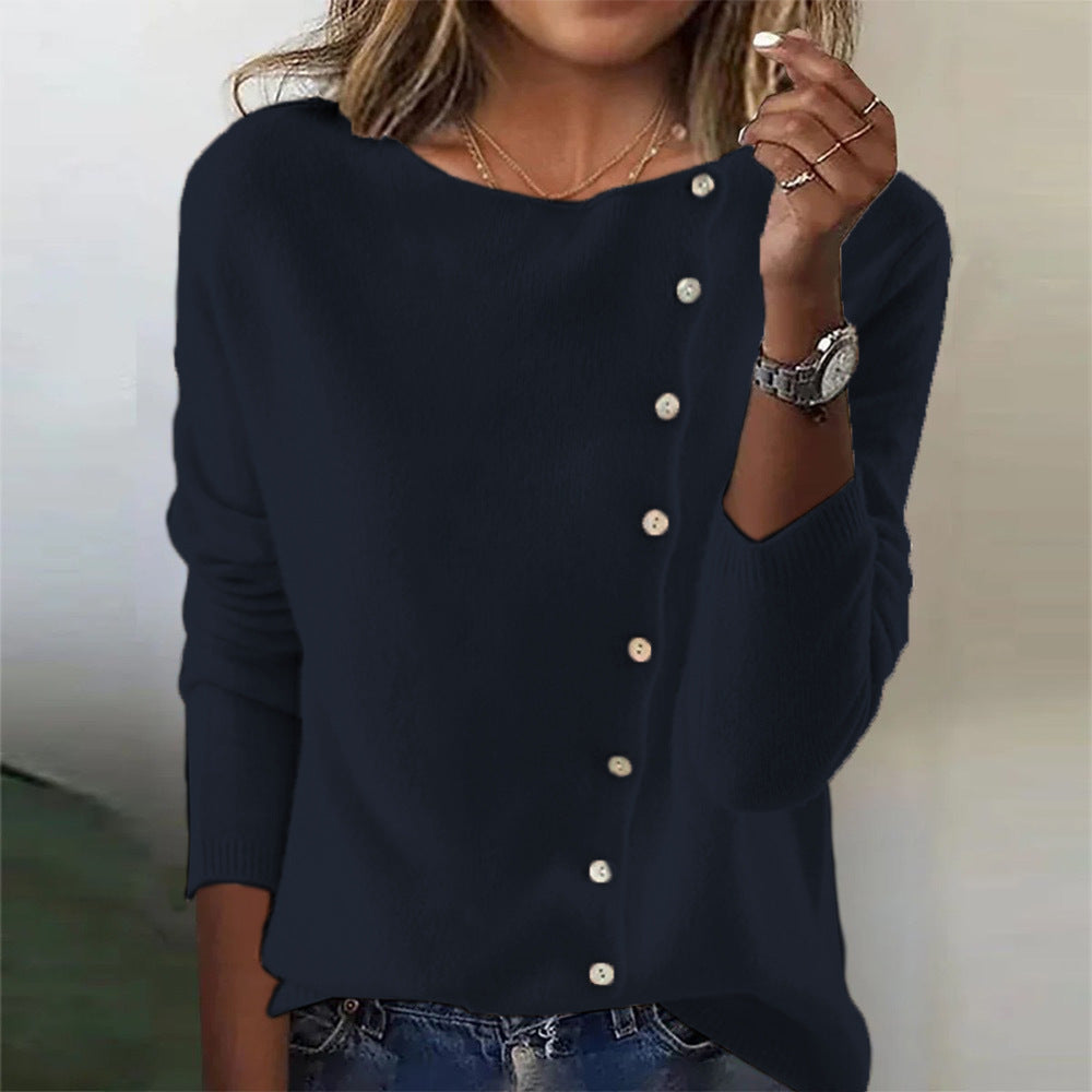 Elegant Round Neck Long Sleeve Button Sweater