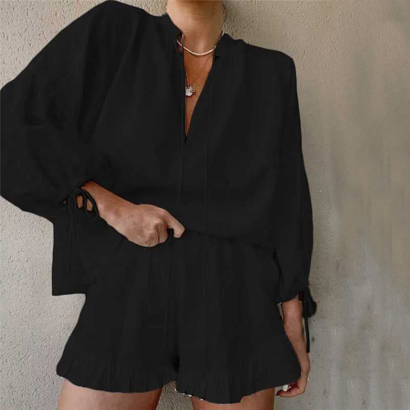 Lace-up Suits Loose V-neck Lantern Sleeve Top And Ruffles