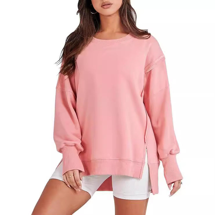 Round Neck Long Sleeve Hem Split Patchwork Sweater