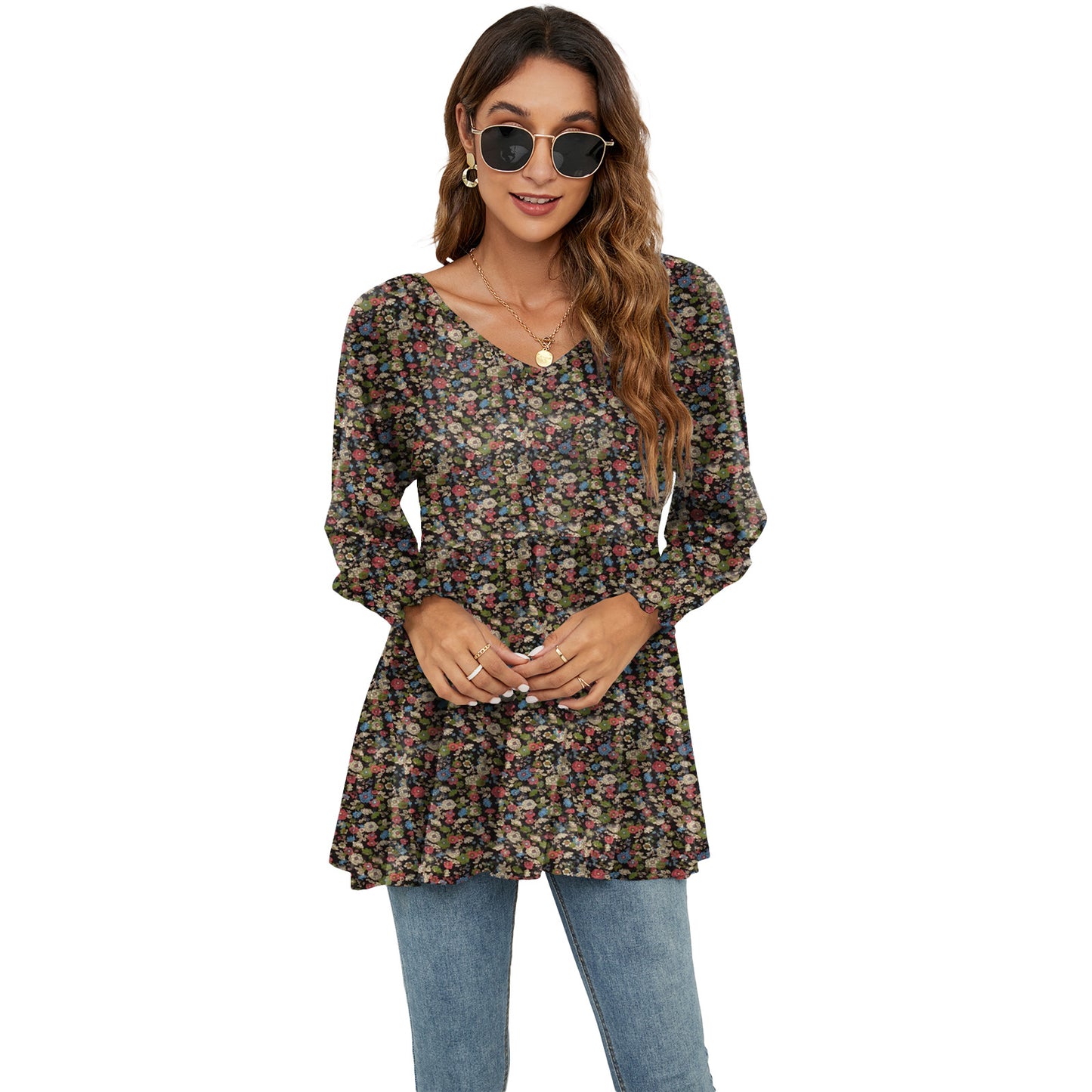 Long Puff Sleeve Tops Women Flowers Print Casual V-Neck