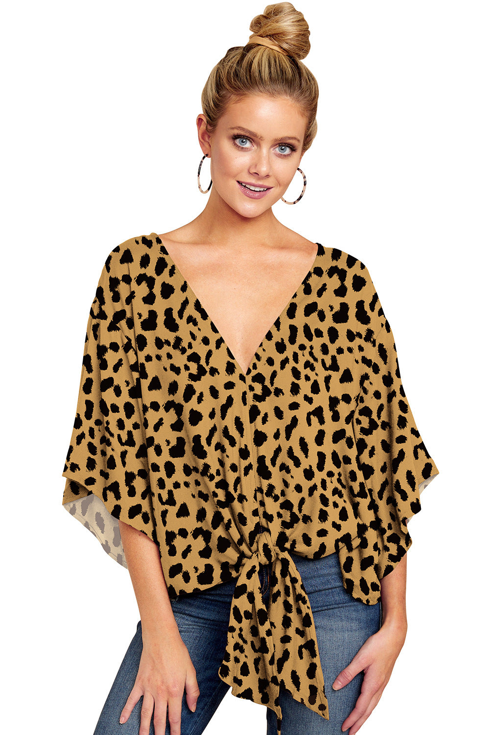 New V Neck Blouse Women Leopard Print Shirts Floral Tie Front Blouses