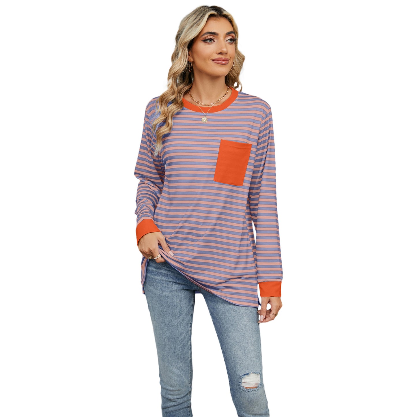 Women's Round Neck Pocket Split Upper Clothes