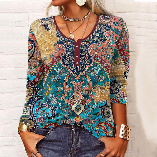 Geometric Floral U-neck Button Personality Retro Long Sleeve