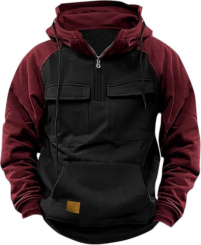 Fall Winter Retro Cargo Hoodies Men's Half Zipper Hooded