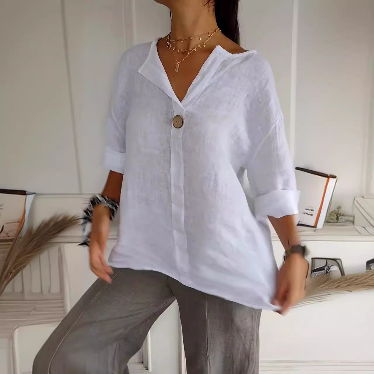 V-neck Long-sleeved T-shirt Fashion Loose Cotton And Linen