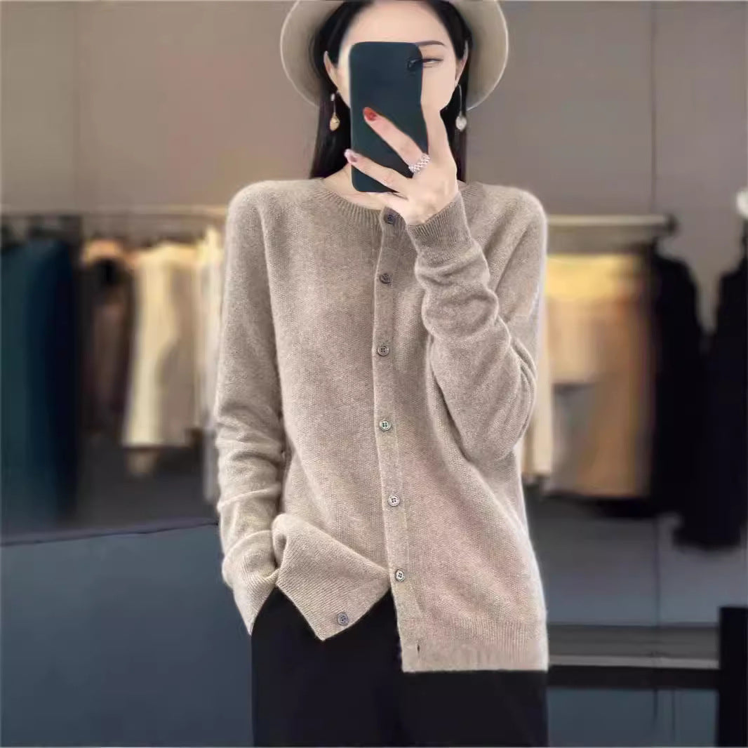 Fashion Merino Wool Cardigan Sweater Women O-Neck