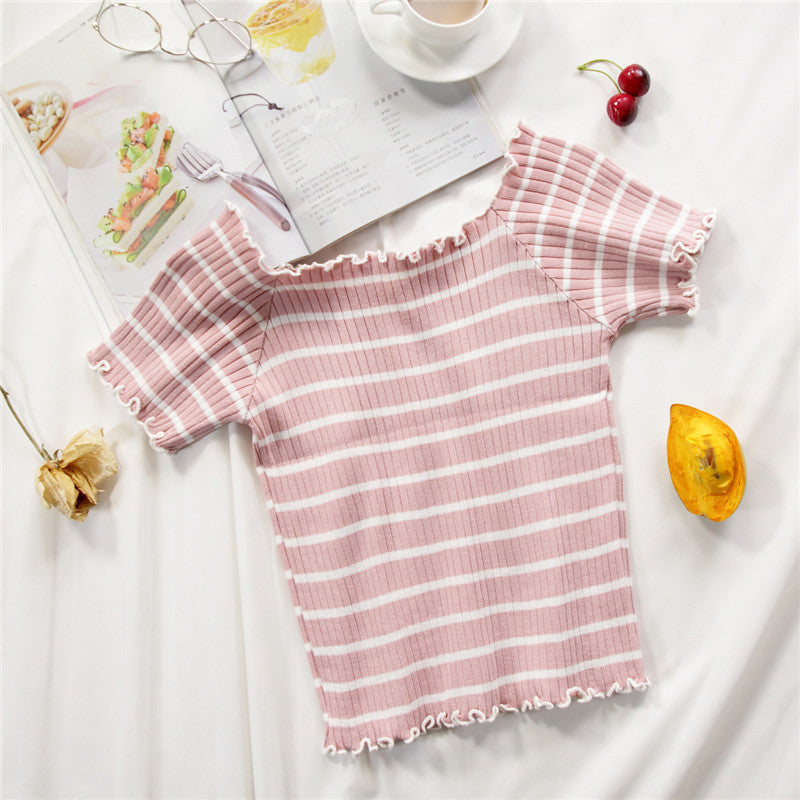 Women T-Shirts Knitting Stripes Off Shoulder Flounce Hem Tees