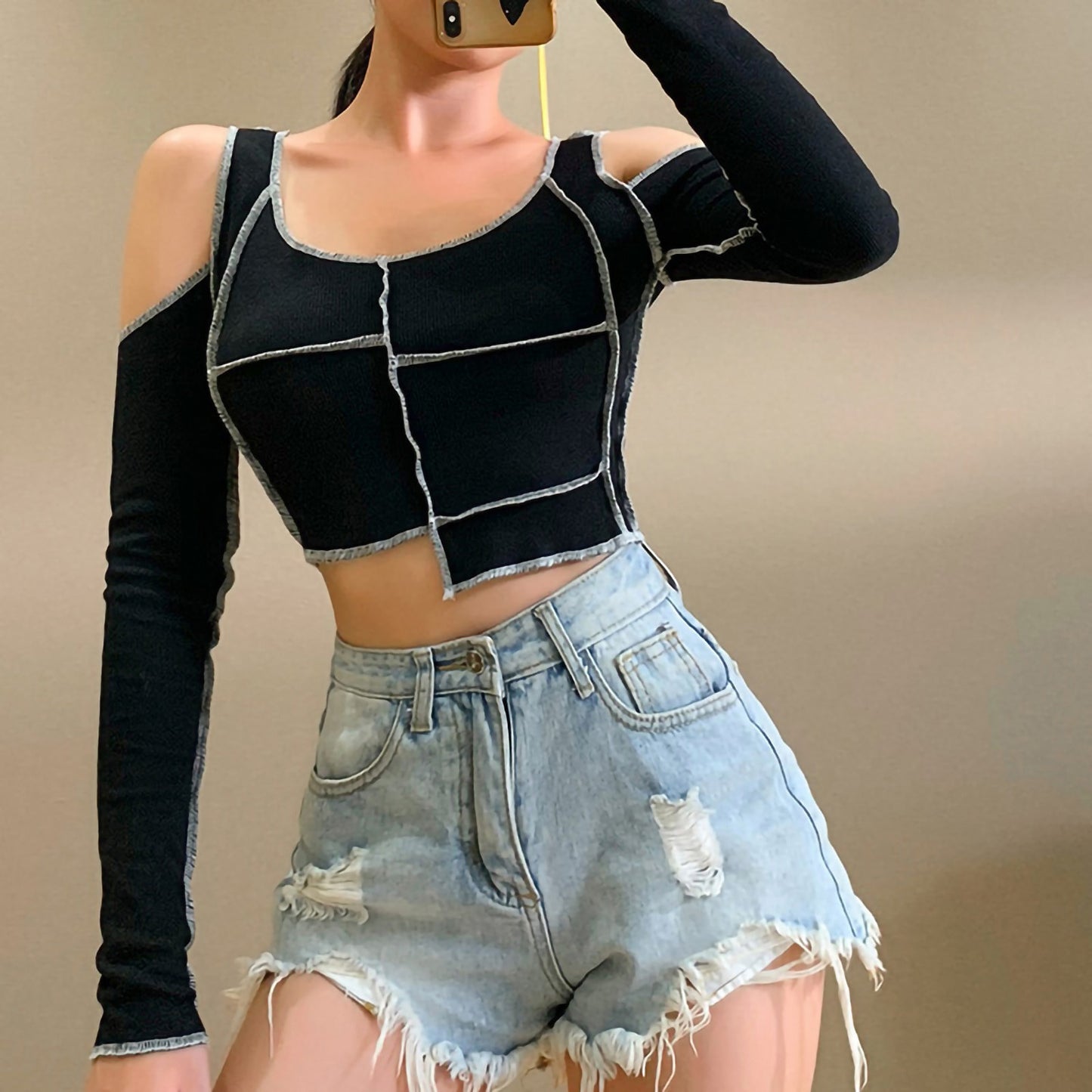 Women Long Sleeve Off Shoulder T-shirts Crop Tops