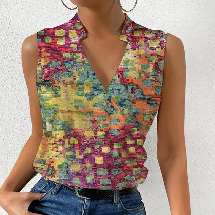 Casual Printed Tops Summer V-neck Sleeveless T-shirt