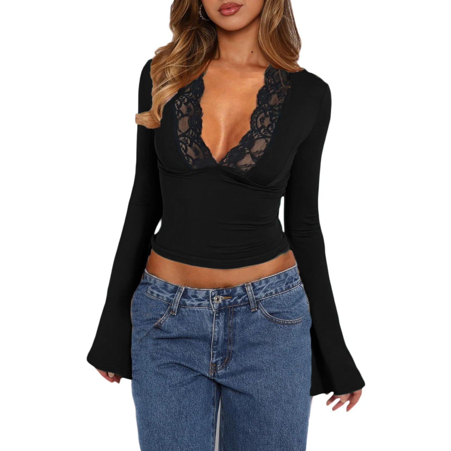 Slim V-neck Lace T-Shirt Ins Fashion Trumpet Clothing