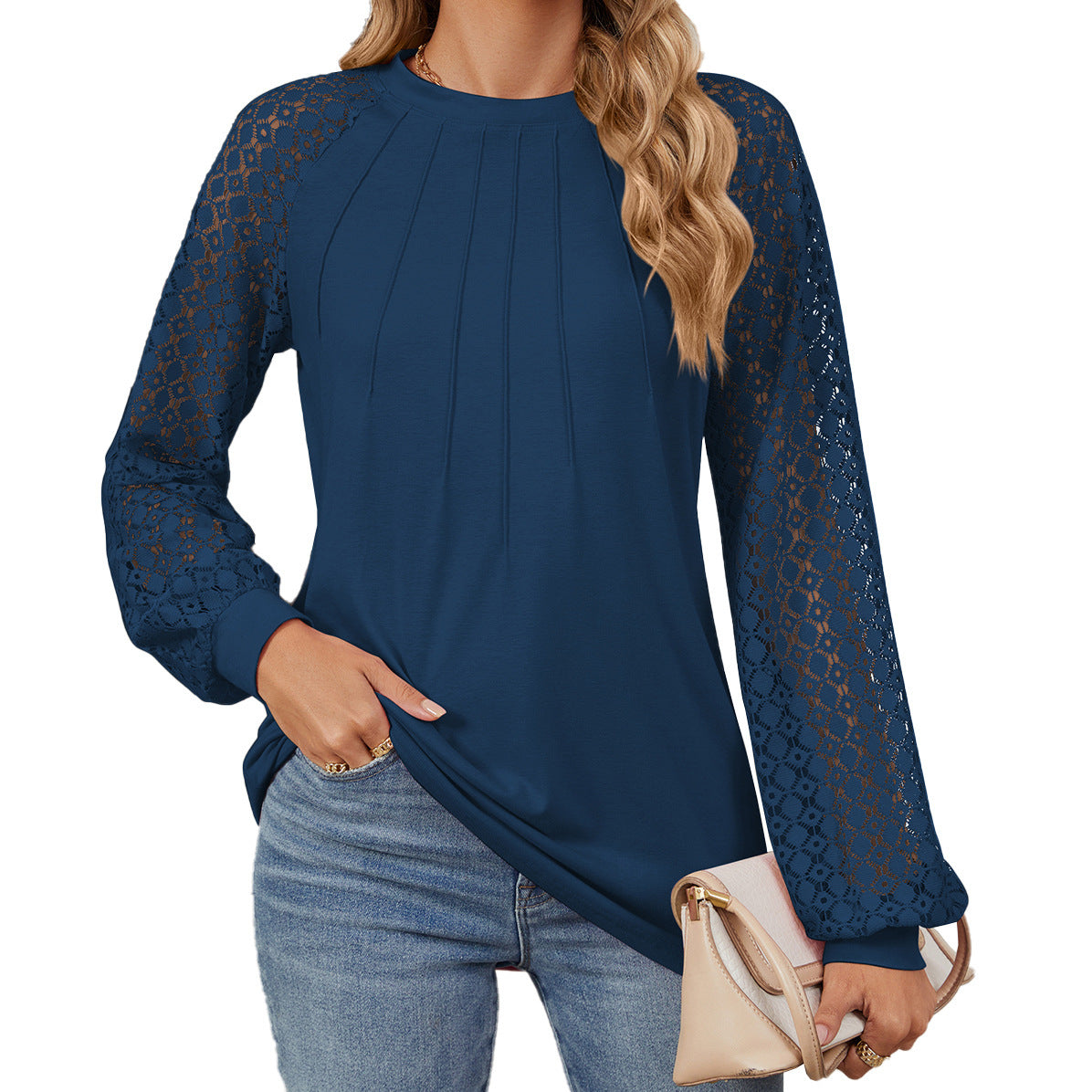 New Lace Long Sleeve Round Neck T-shirt Fashion Loose