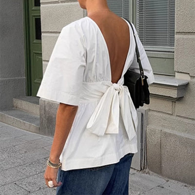 Summer Backless Short Sleeve T-shirt With Back-tied Design