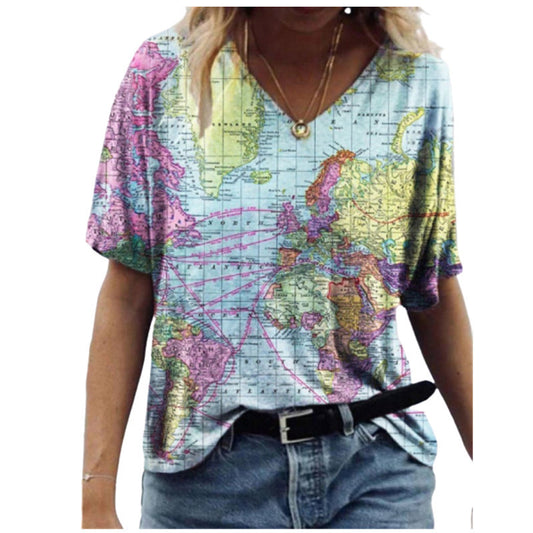 Map Print V-Neck Short-Sleeved T-Shirt