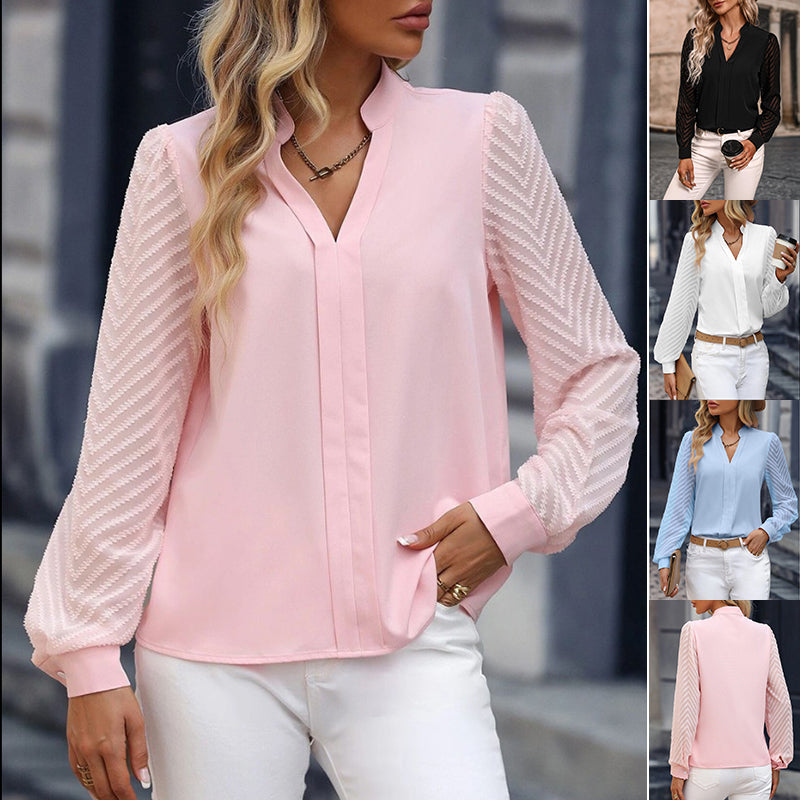 V-neck Long-sleeved Chiffon Shirt Lace Stitching  Tops