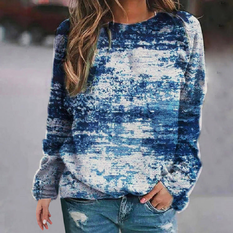 Printed Round Neckline Color Block Casual Loose Sweater