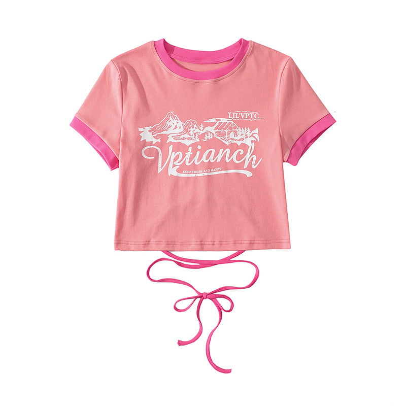 Women Print Front Contrast Trims Crop T-shirt With Lace Up Back Detail