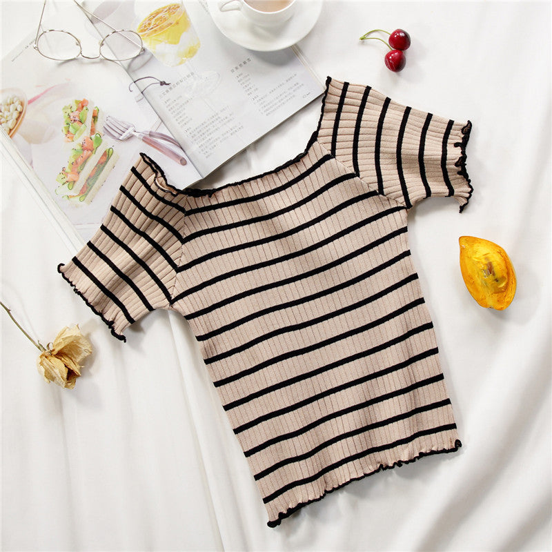 Women T-Shirts Knitting Stripes Off Shoulder Flounce Hem Tees