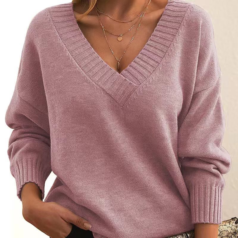 Solid V-neck Sweater Fashion Loose Long-sleeved Knitted