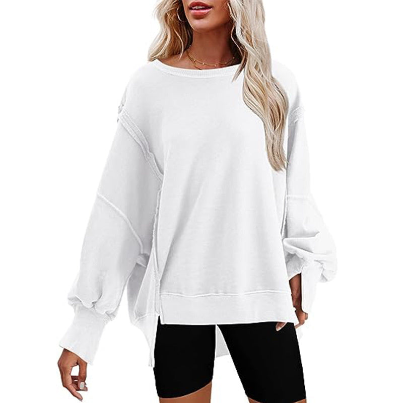 Pullover Sweatshirt Loose Round Neck Side Slit Long Sleeve