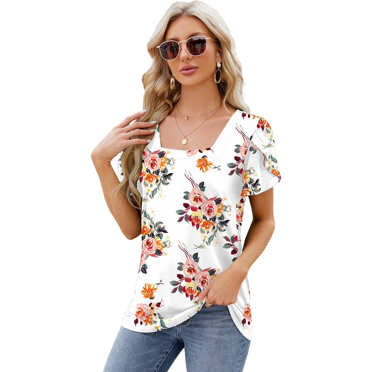 Summer Top Fashion Square Neck Printed Short-sleeved T-shirt
