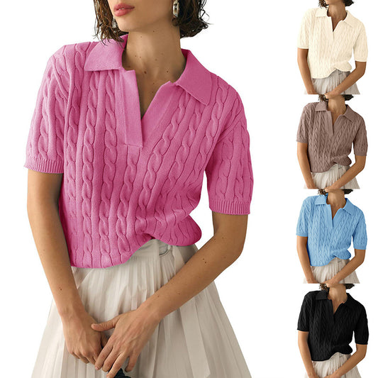 Women's Polo Collar Short-sleeved Knitted Sweater Pullover