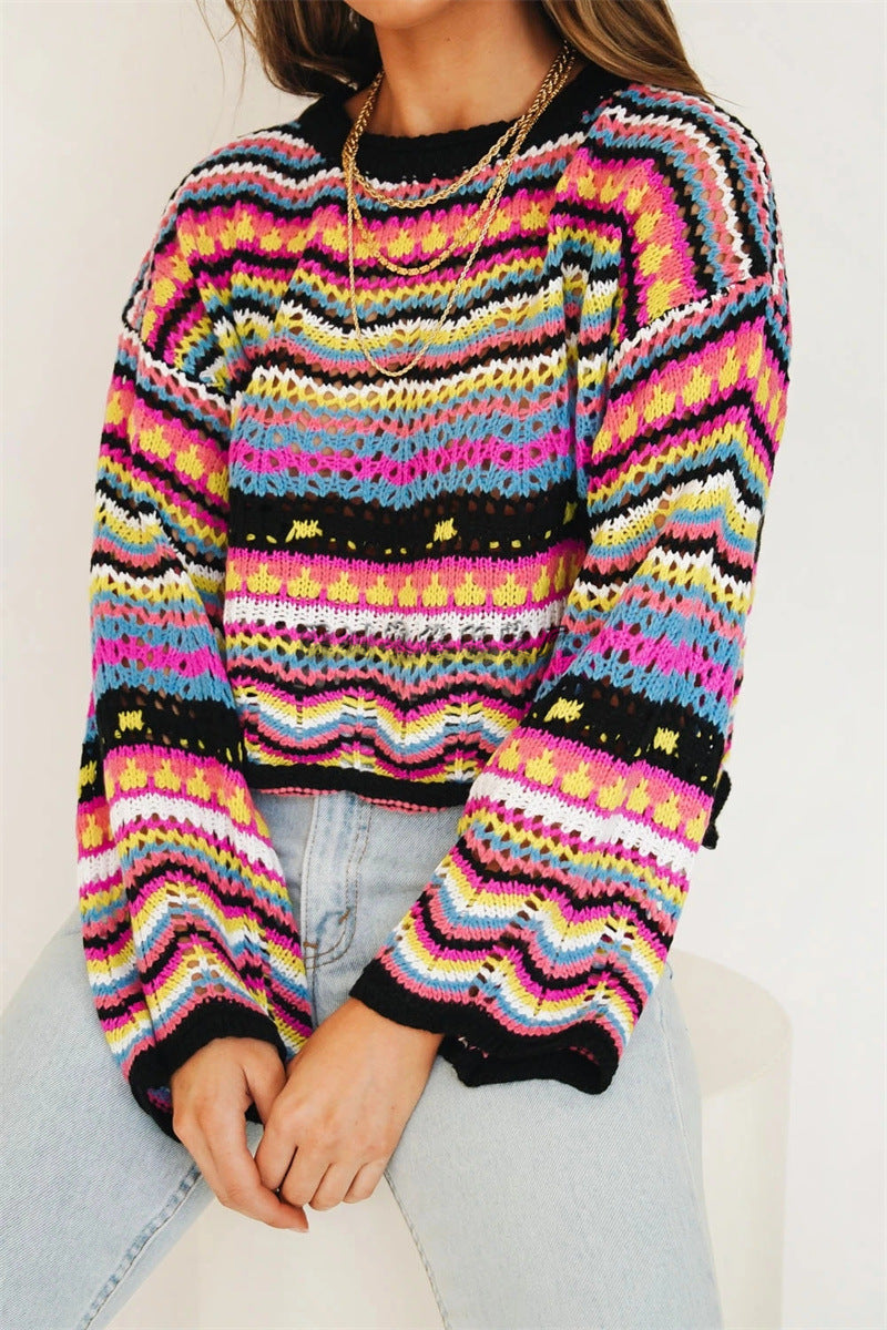 Stitching Sweater Loose Inter-color Rainbow Striped