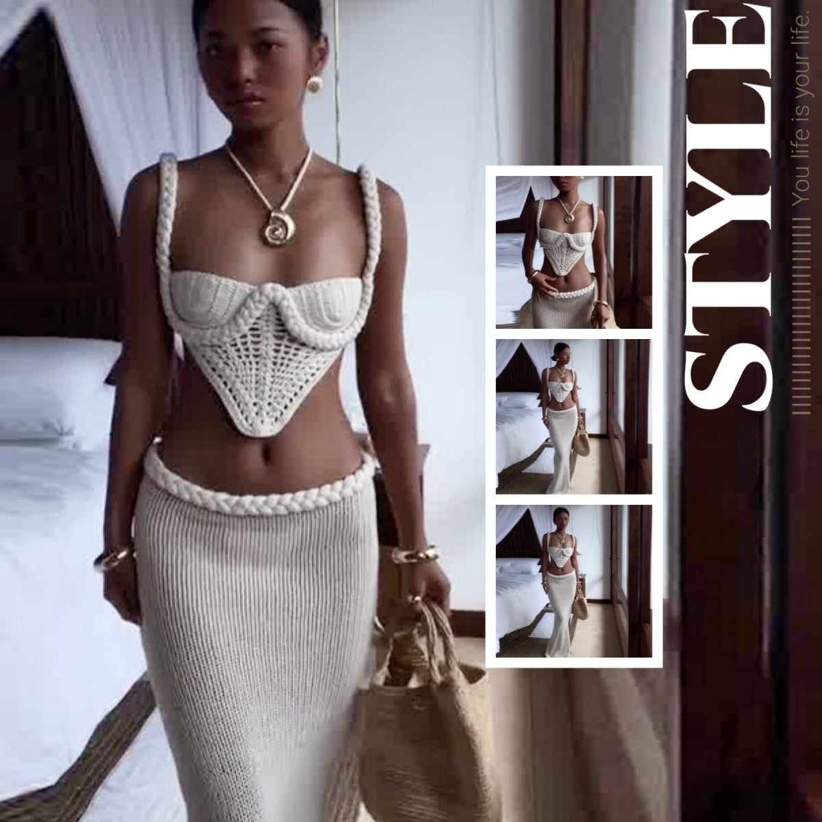 Crochet Knit 2 Piece Skirt Set Women's Square Collar