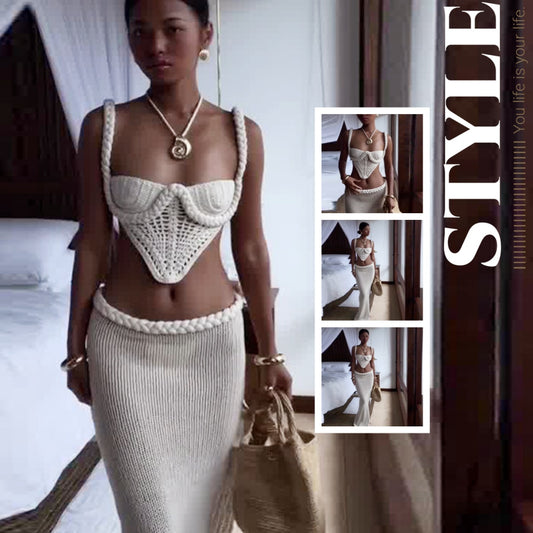Crochet Knit 2 Piece Skirt Set Women's Square Collar