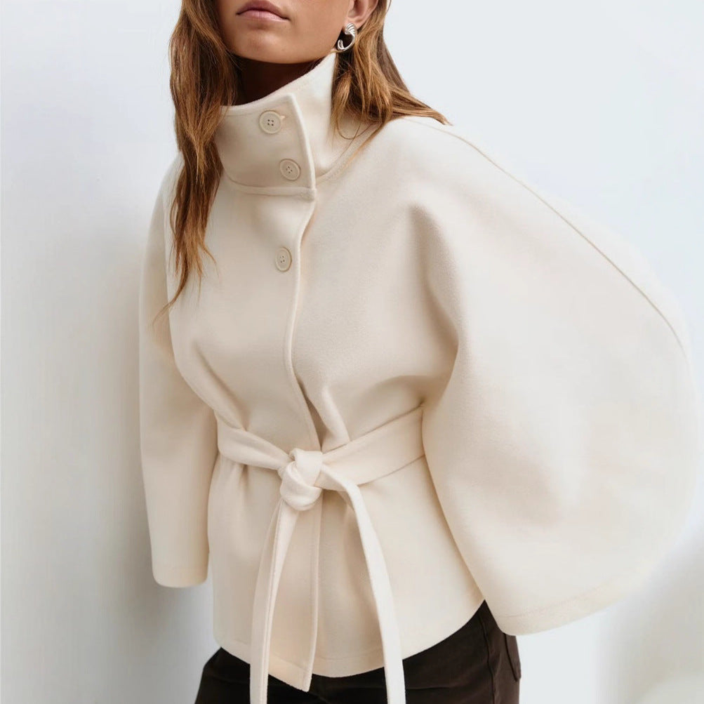 Winter High Neck Batwing Sleeve Coat With Belt Fashion