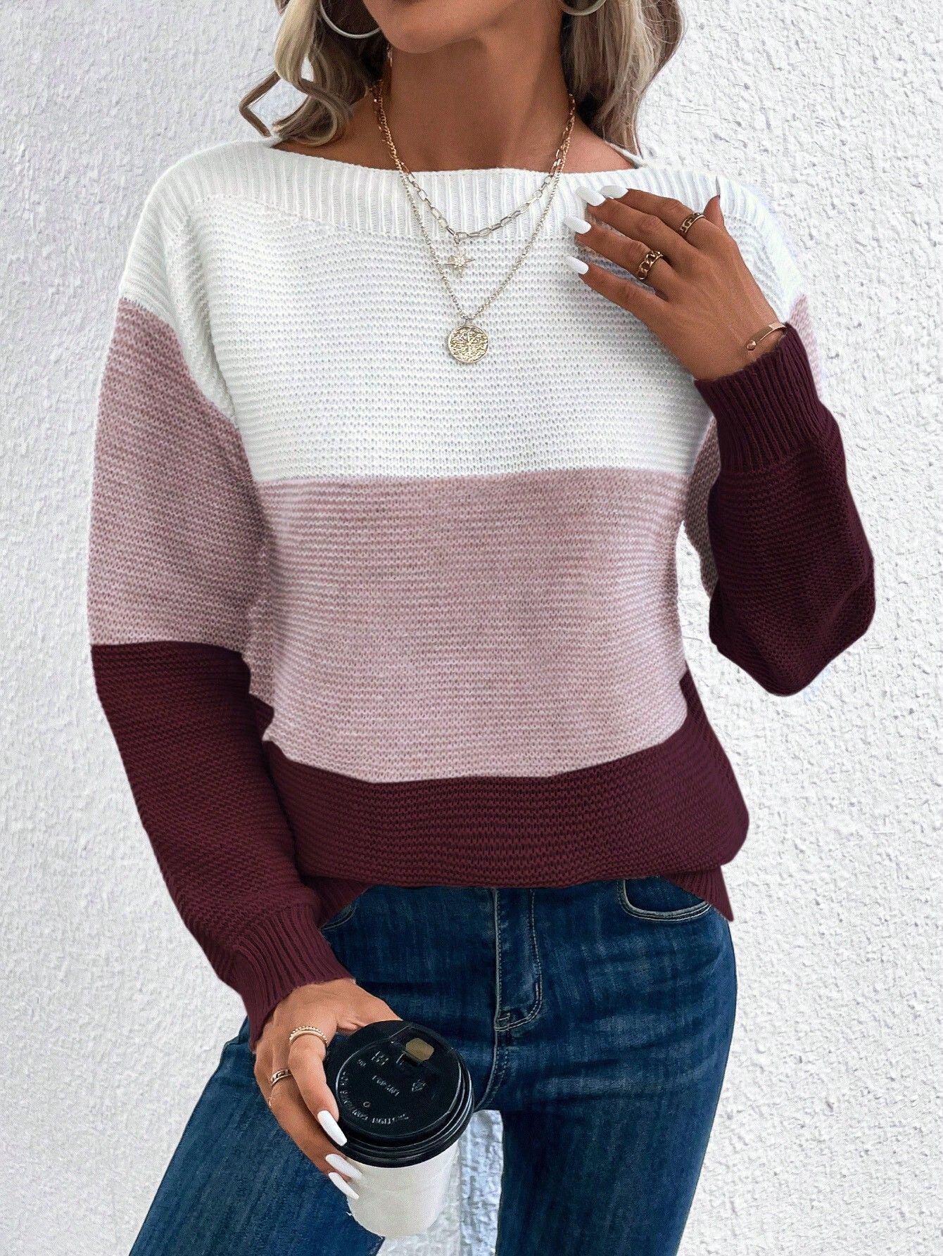 Pullover Knitted Sweater Fashion Round Neck Splicing Knitwear
