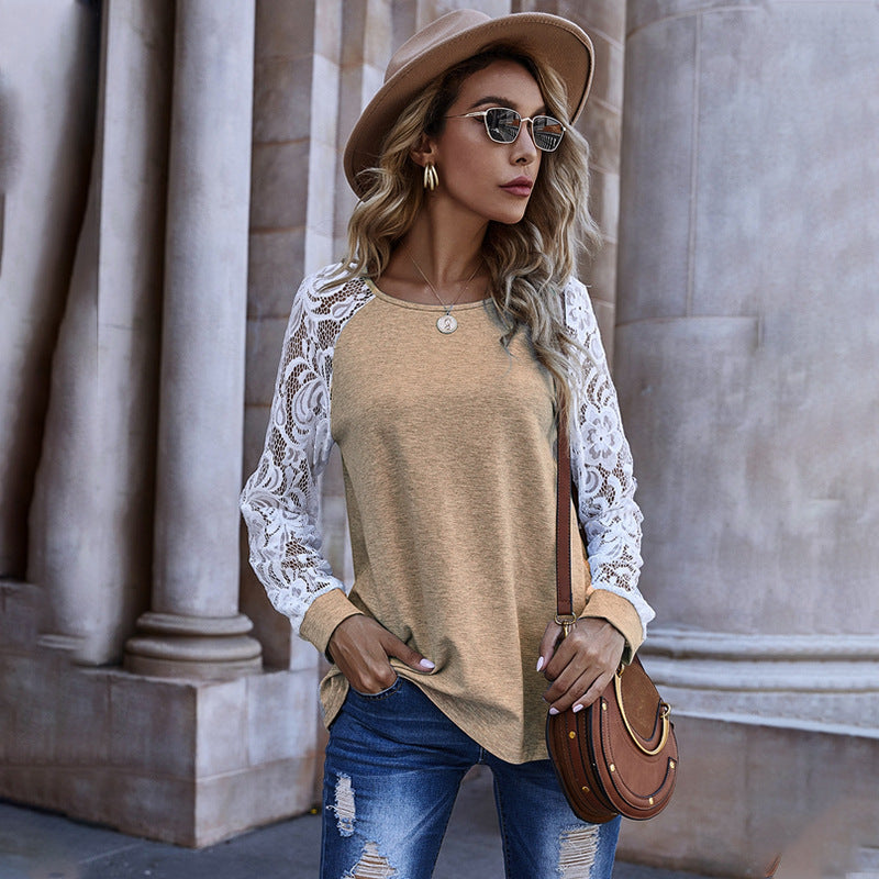 Hollow Lace Long-sleeved Round Neck Sweater Women Autumn