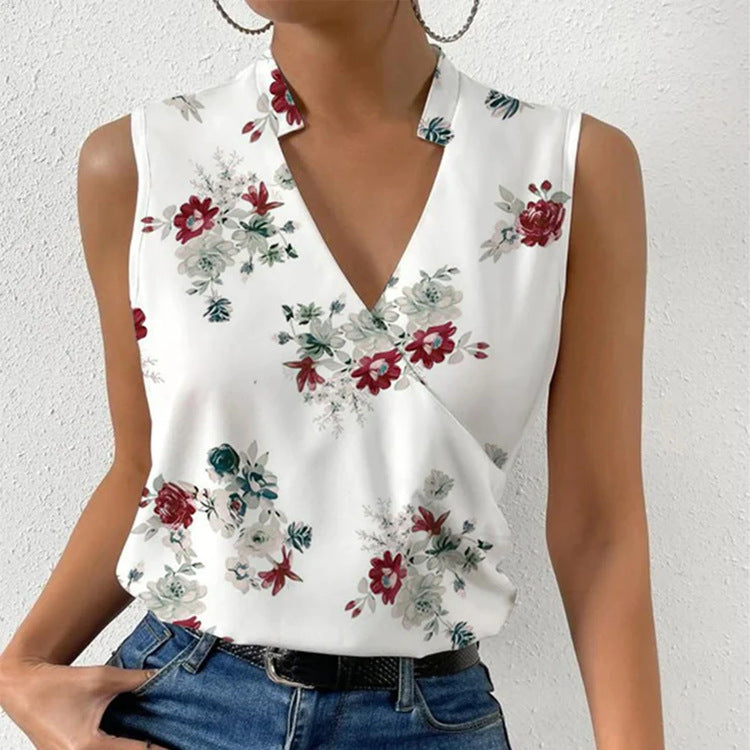 Casual Printed Tops Summer V-neck Sleeveless T-shirt