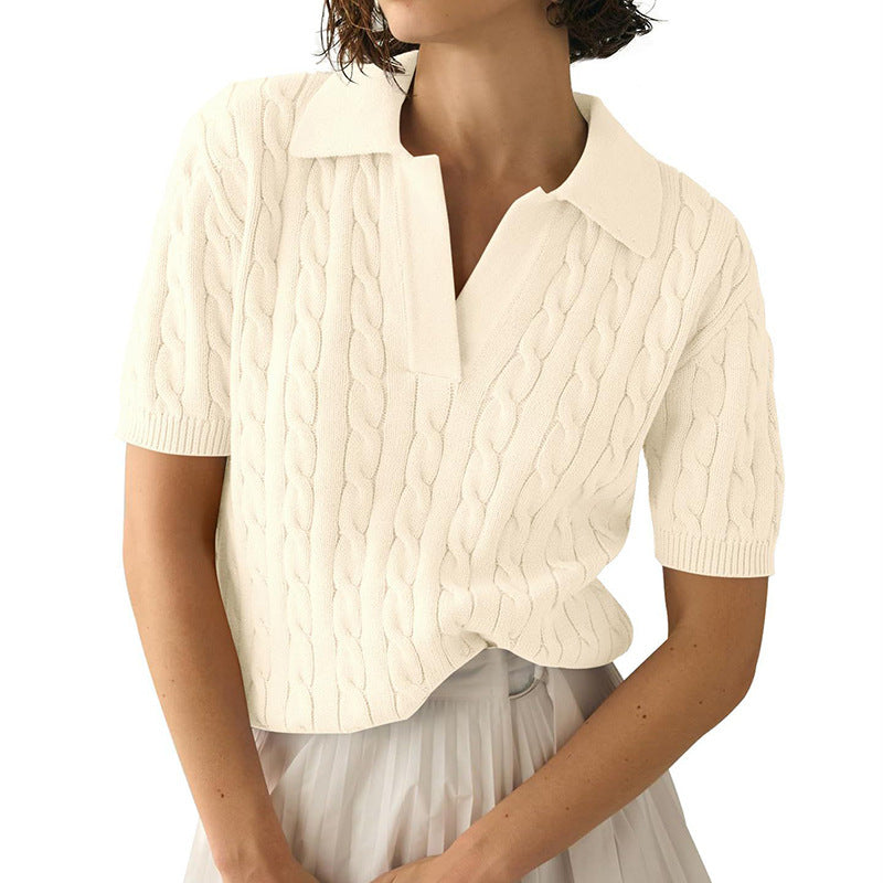 Women's Polo Collar Short-sleeved Knitted Sweater Pullover