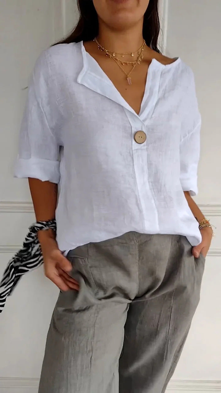 V-neck Long-sleeved T-shirt Fashion Loose Cotton And Linen