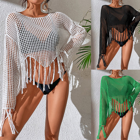 New Knitted Hollow Tassel Blouse Seaside Vacation Beachwear