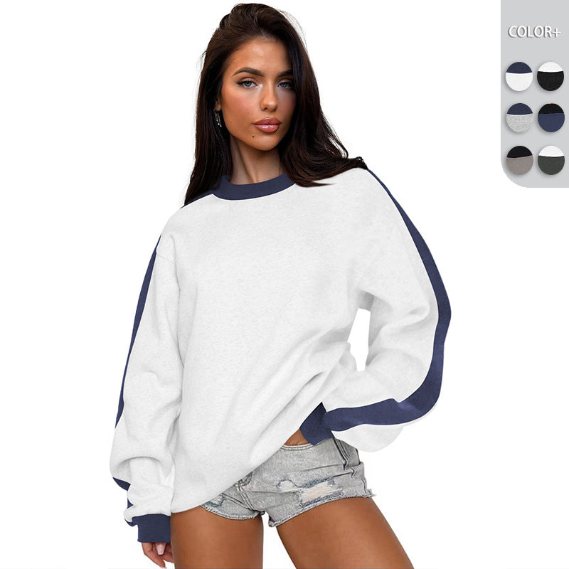 Women's Contrast Color Round Neck Loose Sweater