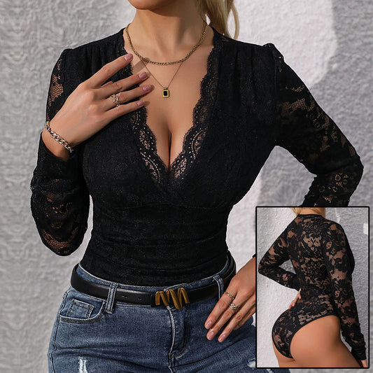 Women's Lace Up Long Sleeve Sexy Deep V Neck Snap Cloth